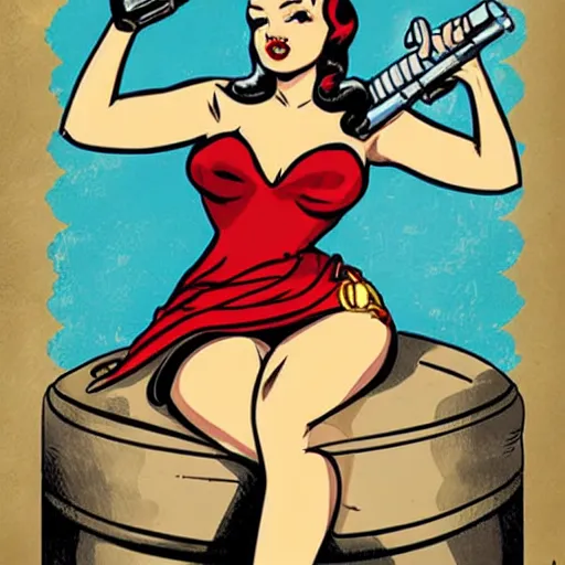 Image similar to pin-up art of warhammer imperial guard woman sitting on a bomb while sending love kisses vintage colours by mcbess