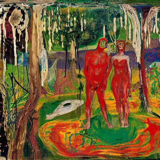 Prompt: a couple in the garden of eden, scared, painted by Asger Jorn, 8k, Peter Doig, abstract oil paint with thick brushstrokes of paint, ultra detailed, realistic, small spot of thick melting paint drips all over