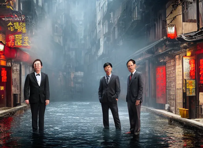 Prompt: a very high resolution image from a new movie, two deer head man in suits, in a narrow chinese alley, surrounded by water vapor, beatiful backgrounds, dramatic lighting, directed by wes anderson