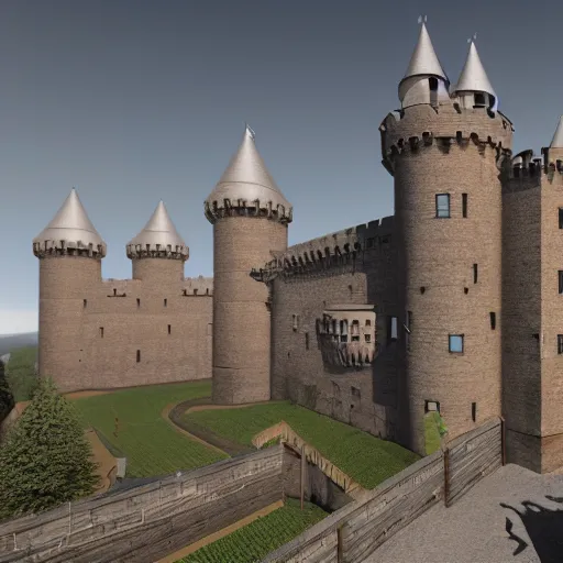 Prompt: Perspective render of a large and very very very beautiful medieval castle with a wide wall with many tall windows. The castle is lit by the sun and there are clouds in the blue sky. Trending on artstation, hyperdetailed 4k render