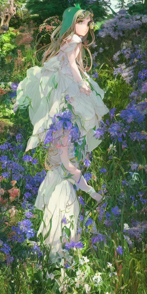 Image similar to a digital art of a loli with long hair in a dress in the privet garden at after noon, green and warm theme, mediumslateblue flowers, low angle, back lighting, by krenz cushart and mucha and akihito yoshida and greg rutkowski, highly detailed, 4 k resolution, trending on art station