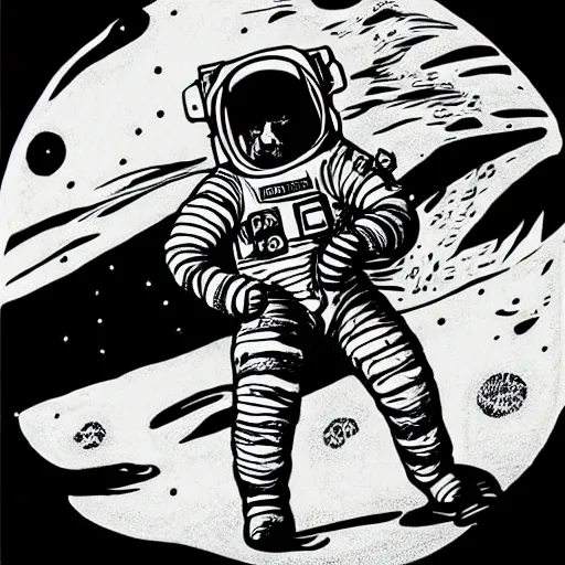 Prompt: astronaut on the moon walking, silhouette, intricate ink drawing, highly detailed in the style of jamie hewlett