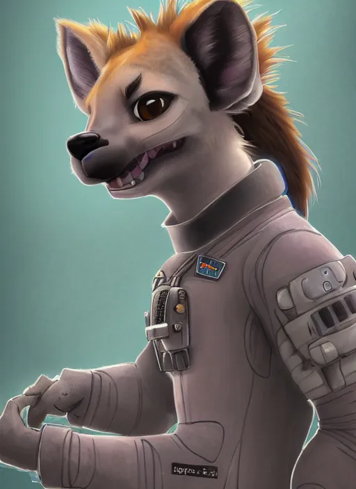 Image similar to digital detailed full body of anthromorphic female hyena, in style of zootopia, zootopia, zootopia, fursona, furry, furaffinity, 4 k, deviantart, furry art, fursona art, wearing astronaut outfit, in style of zootopia, hyena fursona, cyberpunk, female, detailed feminine face,