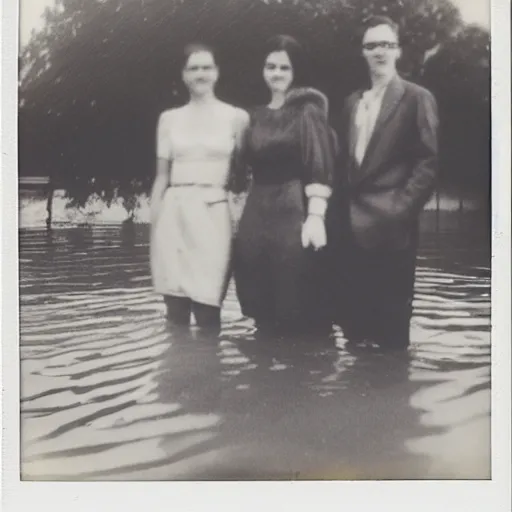 Prompt: an old polaroid of the silhouette of three friends standing in front of a flooded german town, chiaroscuro