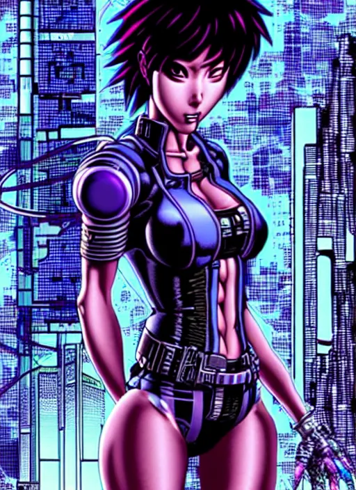 Image similar to motoko kusanagi in grungy cyberpunk megacity, intricate and finely detailed, cyberpunk vaporwave, portrait by j scott campbell