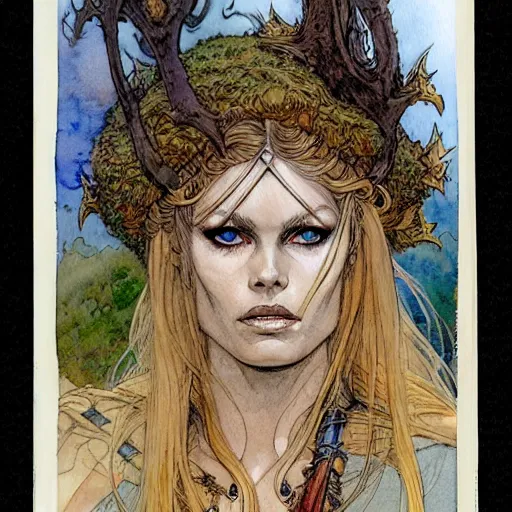 Image similar to a realistic and atmospheric watercolour fantasy character concept art portrait of brigitte bardot as a druidic warrior wizard looking at the camera with an intelligent gaze by rebecca guay, michael kaluta, charles vess and jean moebius giraud