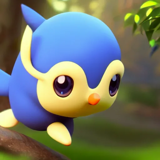 Image similar to nymph render of a very cute 3d piplup pokemon, adorable eyes, cute smile, full round face, bright sunny time, serene forest setting, medium shot, mid-shot, highly detailed, trending on Artstation, Unreal Engine 4k