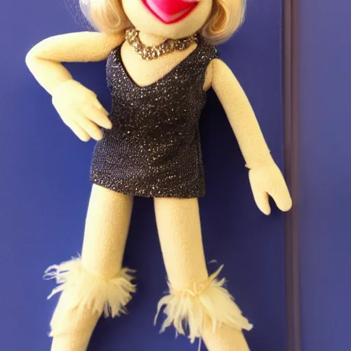 Image similar to beautiful cute blonde - haired blue - eyed female secret agent wearing silk - dress high - heels, lipstick as a muppet
