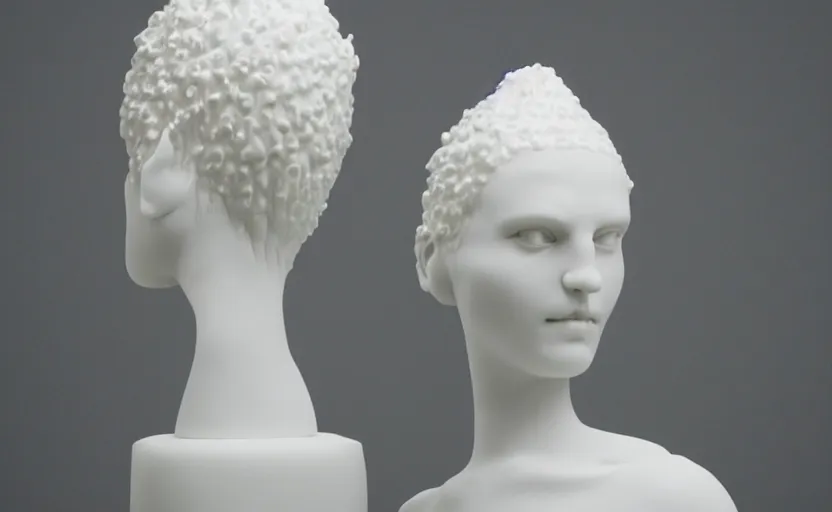 Image similar to full head and shoulders, beautiful female porcelain sculpture by daniel arsham and raoul marks, smooth, all white features on a white background, delicate facial features, white eyes, white lashes, detailed white, lots of 3 d giant axolotls on the head