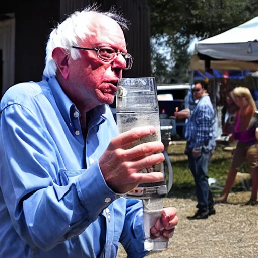 Prompt: Bernie sanders with a mullet drinking a pbr in a trailer park