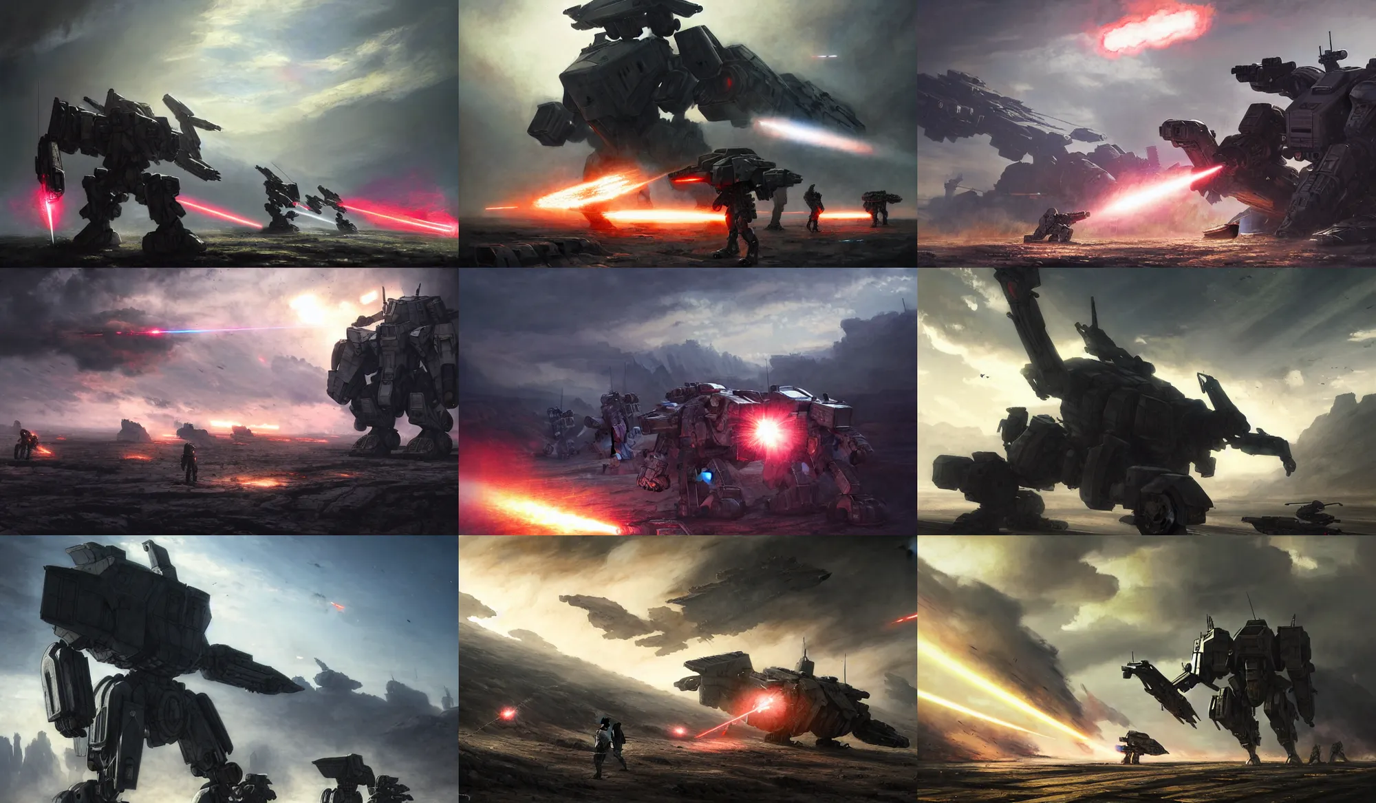 Image similar to an armored core on the ground, booster flares, legs, laser rifles, karst landscape, clouds, daylight ; detailed illustrations, pastel tones, deep colors, clear lines, motion blur, by jordan grimme, greg rutkowski