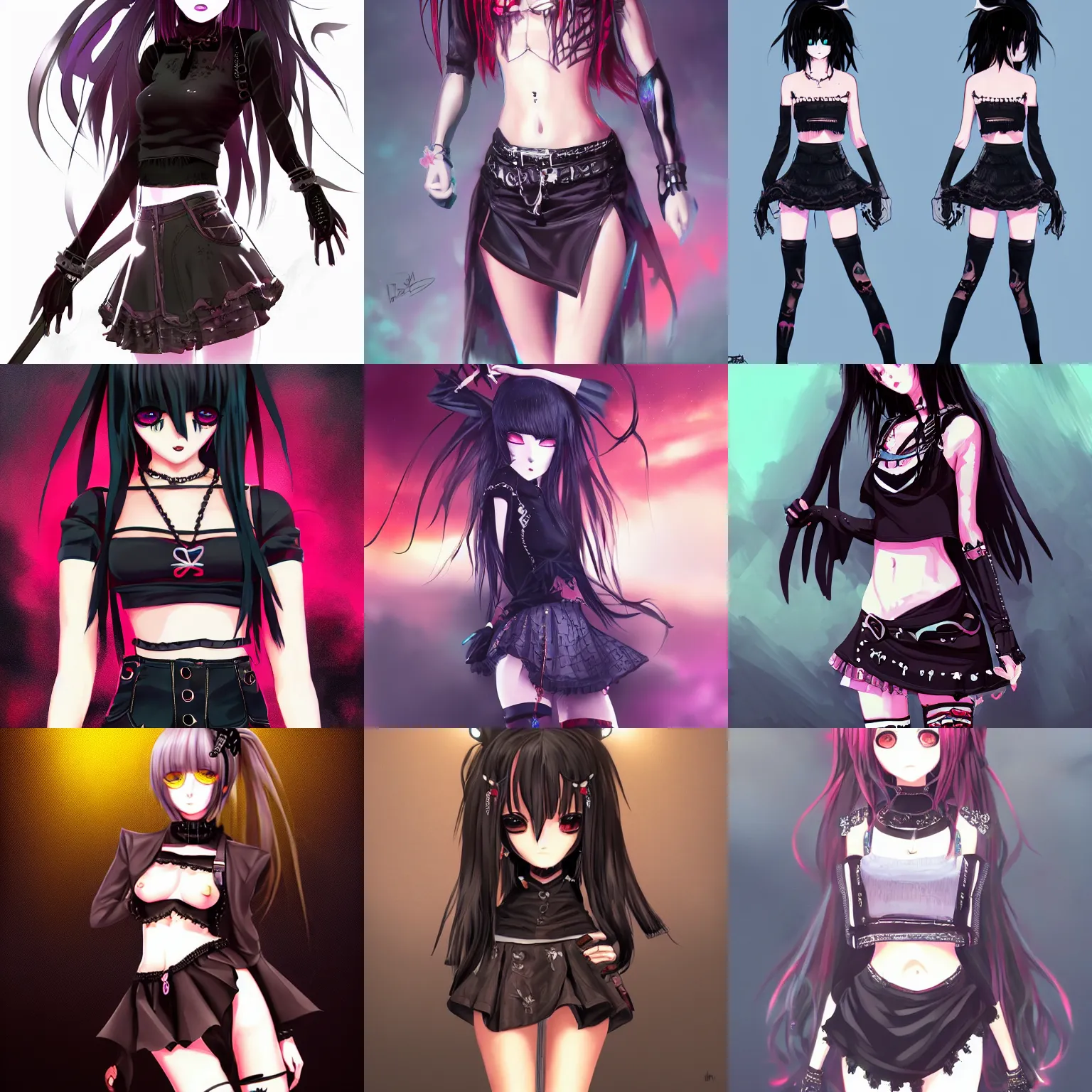 Prompt: goth anime girl in mini skirt and crop top intricate, extremely detailed, digital painting, artstation, concept art, smooth, sharp focus, illustration, intimidating lighting, incredible art,