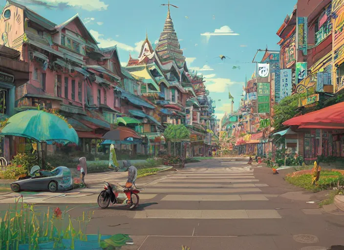 Image similar to bangkok townsquare, without human, empty street, summer morning, very coherent and colorful high contrast, art by gediminas pranckevicius, geof darrow, makoto shinkai, dark shadows, hard lighting