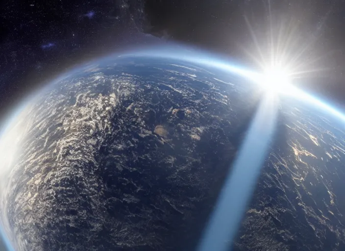 Image similar to nasa satellite still of a disk shaped earth with mountains peaking out of the clouds, sun behind it lens flares, 8 k