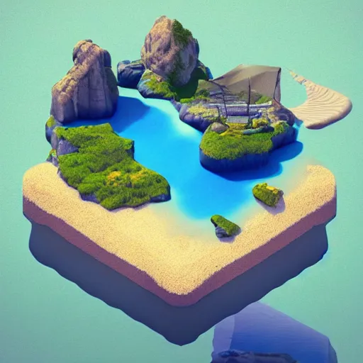 Image similar to a floating island on an aquatic environment isometric art, south america landscape, low poly art, game art, artstation, 3D render, high detail, cgsociety, octane render