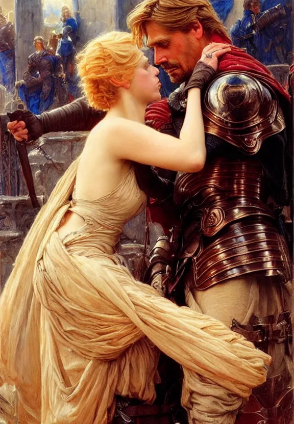 Image similar to attractive handsome fully clothed jaime lannister confesses his love for attractive fully armored brienne of tarth. wow! romance!! highly detailed painting by gaston bussiere and j. c. leyendecker 8 k