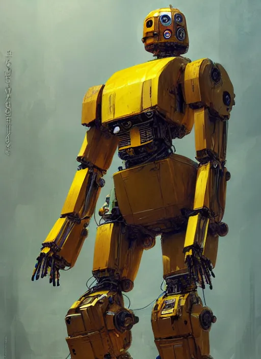 Prompt: human-sized strong intricate yellow pit droid, pancake short large head keetongu, cables, painterly humanoid mecha, by Greg Rutkowski