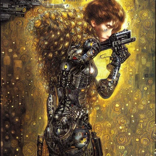 Image similar to cybernetic female supersoldier armed with laser rifle battling demon, intricate detail, klimt, royo, whealan,