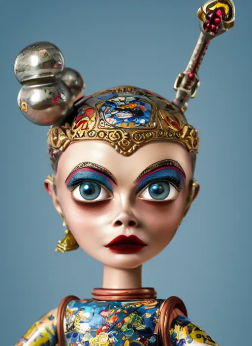 Prompt: closeup of a tin toy cara delevingne, depth of field, zeiss lens, detailed, symmetrical, centered, fashion photoshoot, by nicoletta ceccoli, mark ryden, lostfish, earl nore, hyung tae, frank frazetta, breathtaking, 8 k resolution, extremely detailed, beautiful, establishing shot, artistic, hyperrealistic, octane render