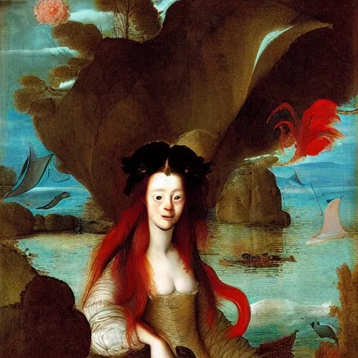 Image similar to rich by john martin, by ambrosius bosschaert. a beautiful mixed mediart of a mermaid swimming in the ocean. her long, flowing hair streams behind her as she gracefully navigates the water. a coral reef & colorful fish can be seen in the background.