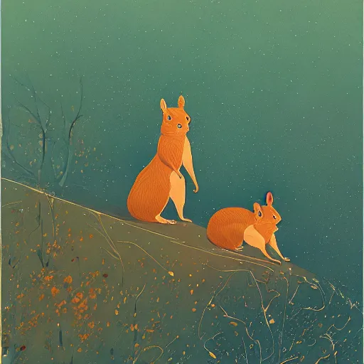 Prompt: two squirrels on the prowl oil painting victo ngai