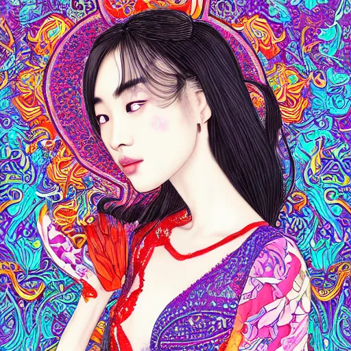 Prompt: the portrait of a beautiful and elegant young asian woman made up of peppers, an ultrafine detailed illustration by james jean, intricate linework, bright colors, final fantasy, behance contest winner, vanitas, angular, altermodern, unreal engine 5 highly rendered, global illumination, radiant light, detailed and intricate environment
