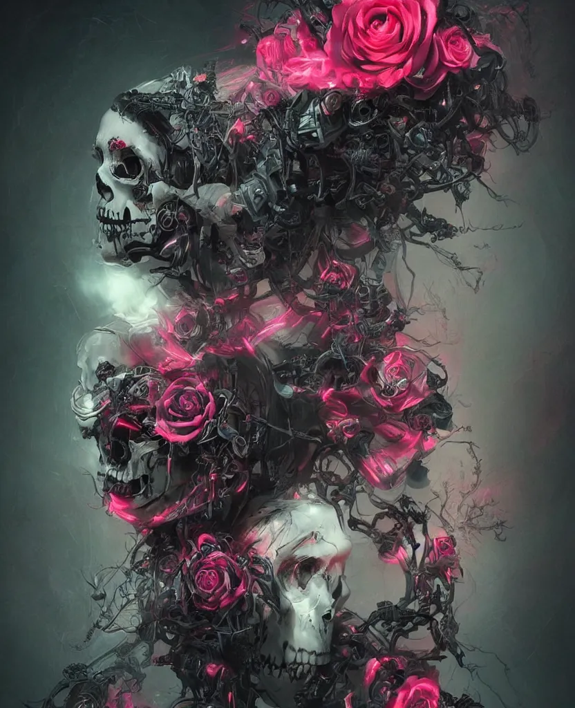 Image similar to a chaotic goddess of death skull black rose s day of the dead atmospheric, dramatic, Trending on artstation. augmentations and cybernetic enhancements neon circuits, greg rutkowski , hyperrealist, cinema4D, 8k highly detailed ❤️‍🔥 🔥 💀 🤖 🚀