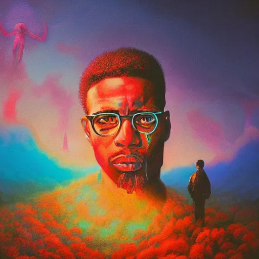 Prompt: figurative Malcom X portrait inspired in beksinski and dan mumford work, remixed with Simon Stalenhag work, sitting on the cosmic cloudscape, epic color palette, blue neon rain, cinematic shoot