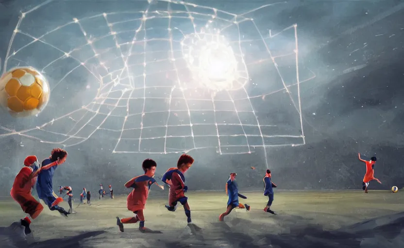 Prompt: young boys playing football and a spiral - shaped white luminous attractor is floating on the horizon in soviet city, concept art, art for the game, professional lighting, art by jehronym bosch