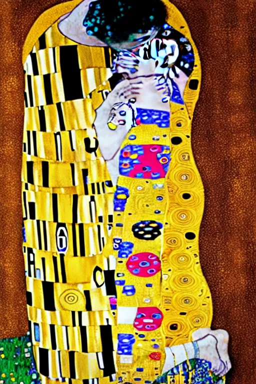 Image similar to gustav klimt the kiss with kissed Nicolas Cage face