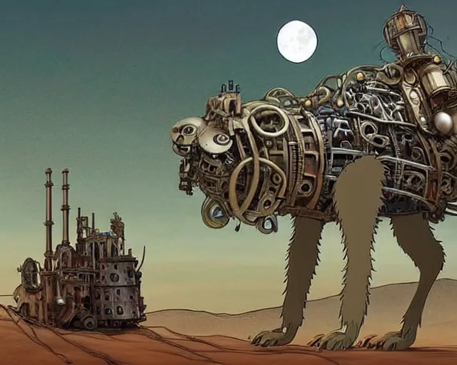 Image similar to a mechanical blueprint of a lovecraftian mechanized wolf from howl's moving castle ( 2 0 0 4 ), with a big head, in a war - torn desert village, wide shot, in front of a big moon, muted colors, post grunge, studio ghibli, hq, art by artgem