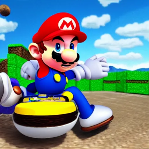 Prompt: portrait of mario riding sonic the hedgehog