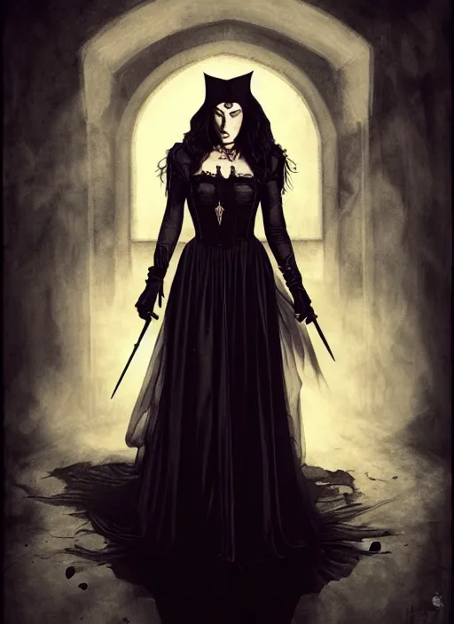 Image similar to megan fox witch queen, black eyes, blood, full body, intricate victorian dress, middle shot, cinematic lighting, symmetrical eyes, caravaggio, joshua middleton, rafael albuquerque, charlie bowater, moody lighting, candles