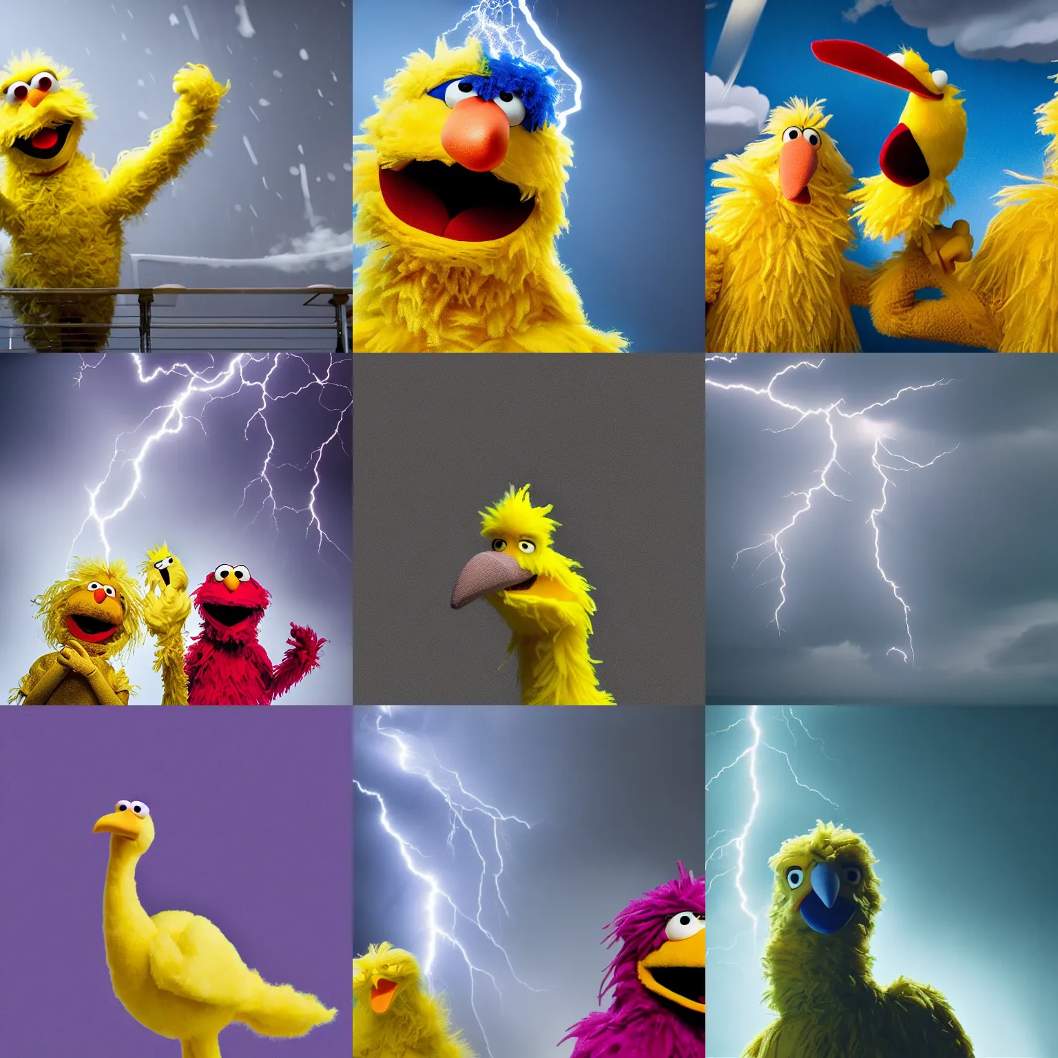 Prompt: big bird from sesame street is steaming mad, lightning storm, hyperrealistic, clean and pristine design, cinematic composition, dramatic lighting, 8 k,