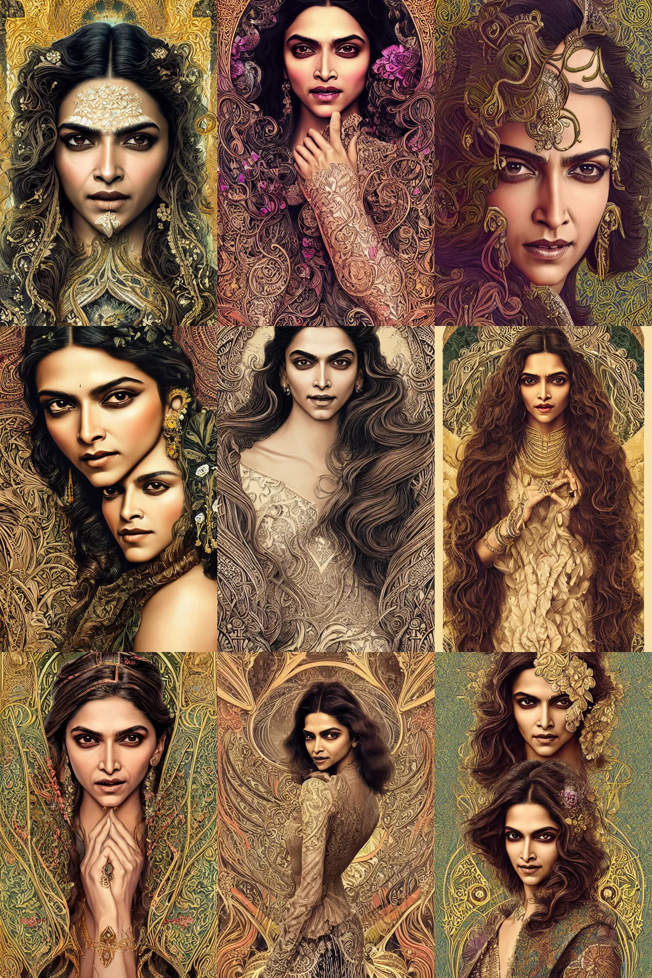 Prompt: a stunning ultradetailed illustration of deepika padukone with epic wavy hair blending into smooth paisleys and art nouveau floral patterns, by vania zouravilov and tom bagshaw, deep depth of field, catchlight in the eyes, studio lighting, golden ratio composition, 3 5 mm lens, very detailed, 8 k, artstation