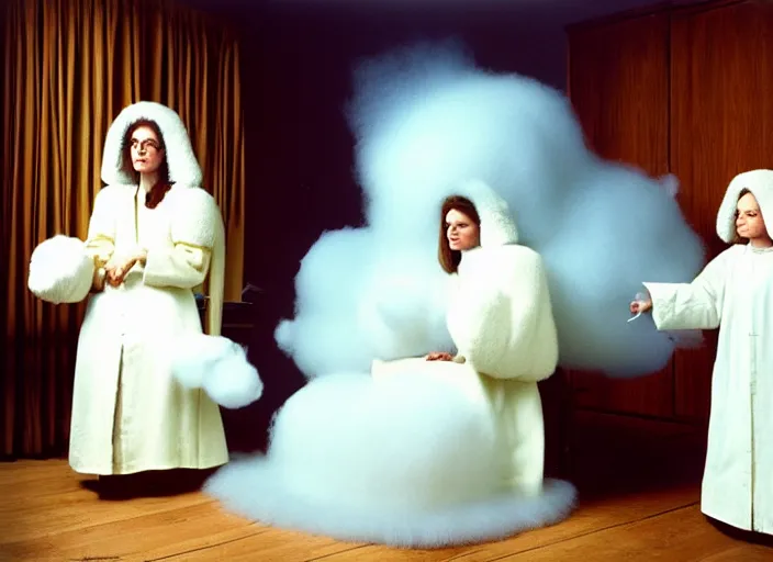 Prompt: realistic photo of a two medieval female scientists wearing white cotton jackets, watching at a levitating fluffy furry cloud, living room laboratory interior is made of wood 1 9 9 0, life magazine reportage photo, natural colors