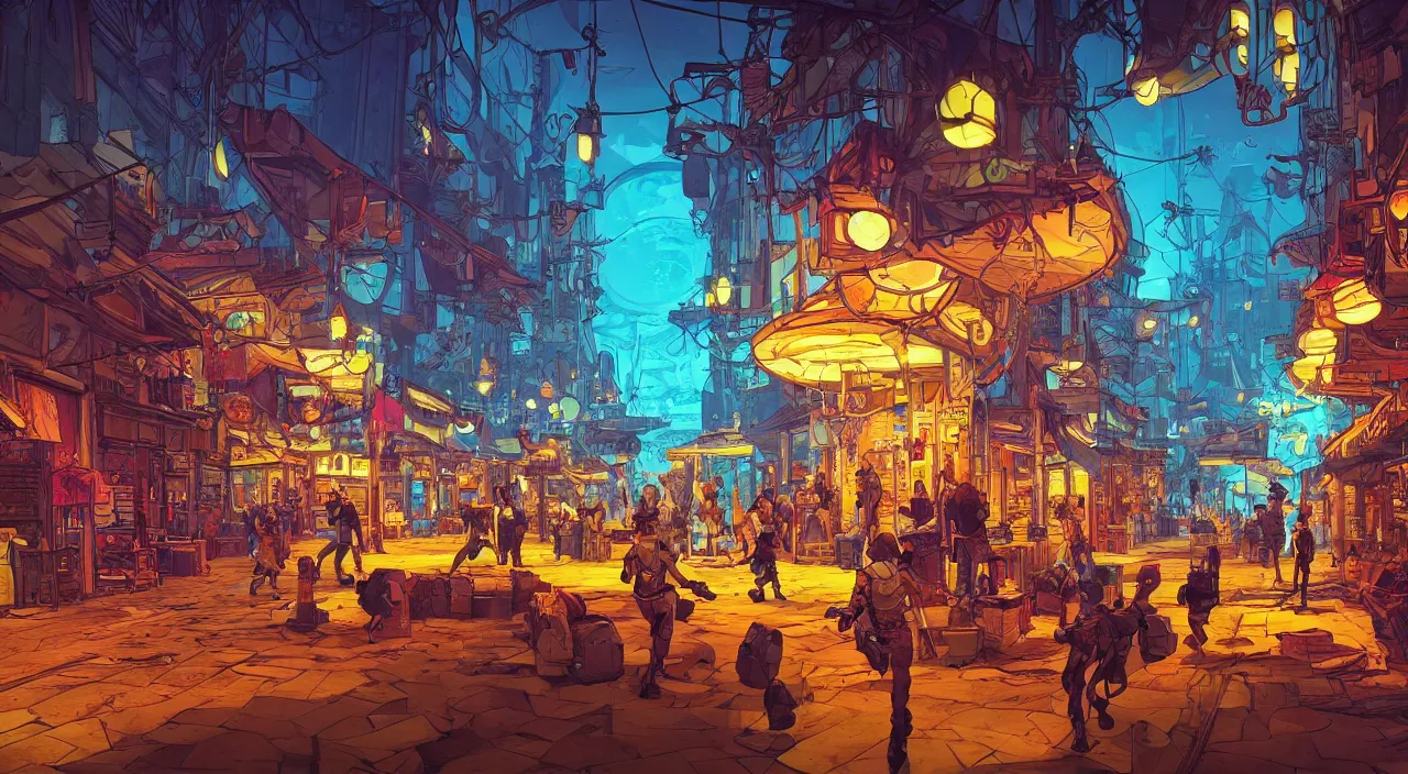 Image similar to bazaar zouk oriantal full color sky shine place mosquet painting stylized digital illustration video game icon global illumination ray tracing that looks like it is from borderlands and by feng zhu and loish and laurie greasley, victo ngai, andreas rocha, john harris