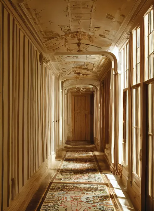 Image similar to photograph of a hallway in the style of Wes Anderson, architecture magazine, dezeen, 50mm, pentax, film