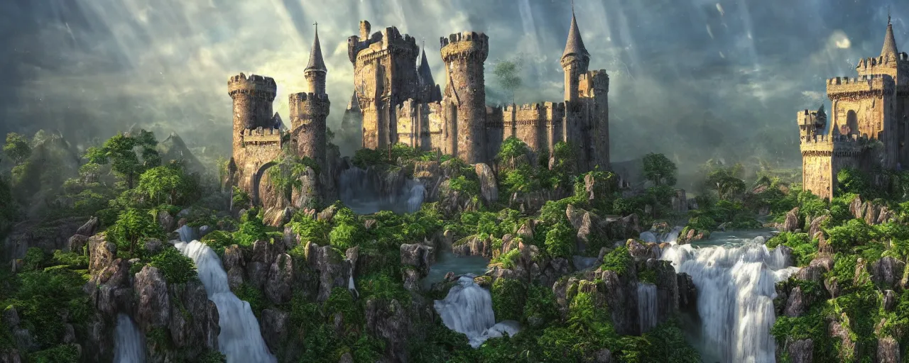 Image similar to a beautiful fantasy landscape of a large majestic medieval castle with lots of towers and huge walls on top of a lush cliff with a huge waterfalls in the middle, ruins of structures at the bottom, afternoon light streaking with god rays, ornate, detailed, octane render, 8k, trending on artstation deviantart google images, pinterest, canon 35mm lens