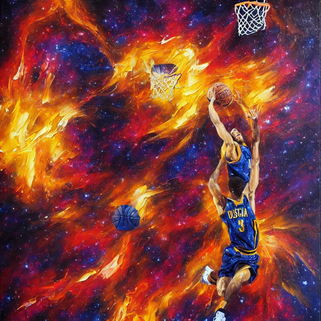 Image similar to An expressive oil painting of a basketball player dunking, depicted as an explosion of a nebula