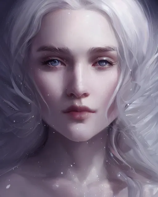Image similar to portrait of a beautiful snow goddess, flowy white grey hair, grey eyes, cinematic lighting, highly detailed, digital painting, trending on artstation, pixiv, concept art, sharp focus, illustration, art by ross tran and wlop
