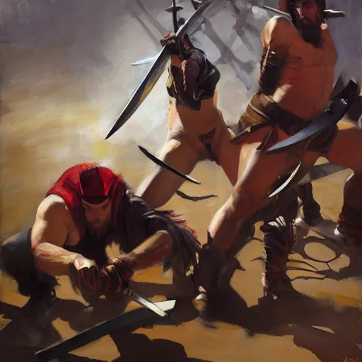 Image similar to greg manchess portrait painting of people stripping over a pile of swords in an arena, medium shot, asymmetrical, profile picture, organic painting, sunny day, matte painting, bold shapes, hard edges, street art, trending on artstation, by huang guangjian, gil elvgren, ruan jia, randy vargas, greg rutkowski