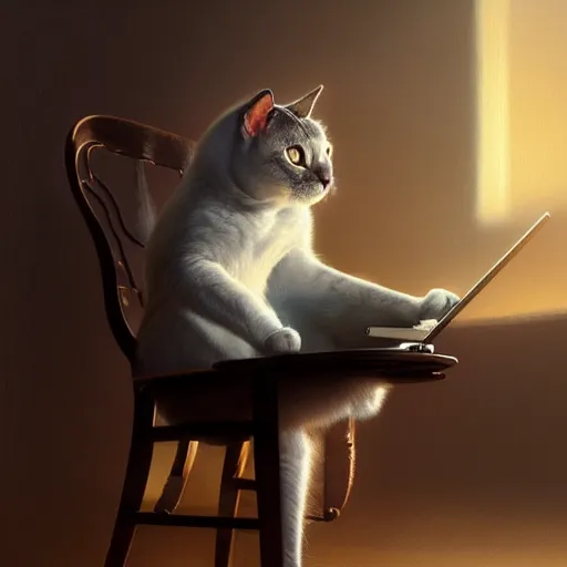 Prompt: anthropomorphic cat sitting in a chair using a laptop, painting, ifbb pro hyper muscular body, by greg rutkowski and igor kieryluk, photo realistic, dynamic lighting, artstation, poster, volumetric lighting, very detailed face, 8 k, award winning