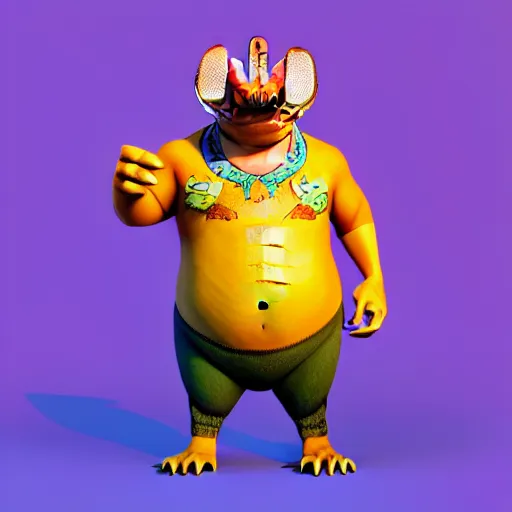 Prompt: in the style of artgerm and disney, 3 d render, anthropomorphic alligator, symmetrical face, symmetrical eyes, red scales on his back, yellow scale on his belly and chest, male, waring a hawaiian shirt, in the style of zootopia, hd, 4 k, high definition background