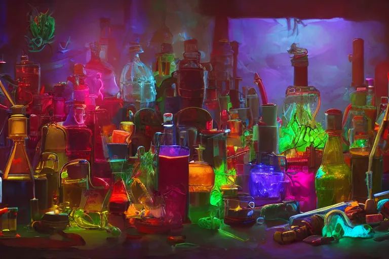 Prompt: a small rack filled with colorful glowing concoctions, magical potions, fantasy artwork, featured on artstation