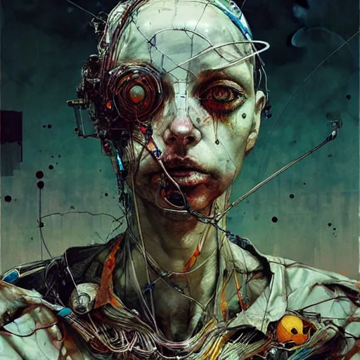 Prompt: the last wanderer of earth, post - apocalyptic wasteland, wires cybernetic implants, in the style of adrian ghenie, esao andrews, jenny saville, surrealism, dark art by james jean, takato yamamoto