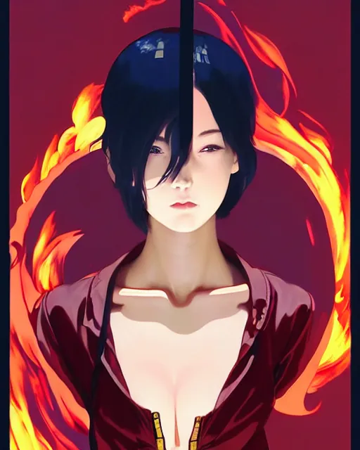 Image similar to fireman, covered in beautiful flames | | very very anime!!!, fine - face, audrey plaza, realistic shaded perfect face, fine details. anime. realistic shaded lighting poster by ilya kuvshinov katsuhiro otomo ghost - in - the - shell, magali villeneuve, artgerm, jeremy lipkin and michael garmash and rob rey