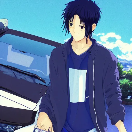 Image similar to close up of a high definition anime guy with short dark blue hair and streetwear clothing riding a white 1993 Mazda Astina 323 HB with armenia quindio in the background, Artwork by Makoto Shinkai, pixiv, 8k, official media, wallpaper, hd