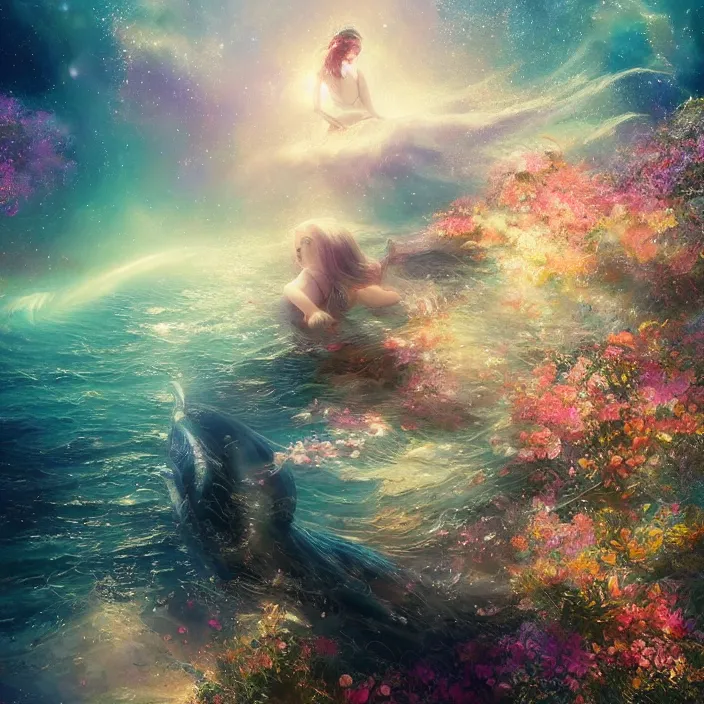 Prompt: glimmering whale, flowing dress, flowers, cosmos, milky way galaxy, swirling, center point, golden hour, god rays, coral reef, dreamscape by artgerm and ruan jia and ismail inceoglu and greg olsen, masterpiece, beautiful, intricate, elegant, highly detailed