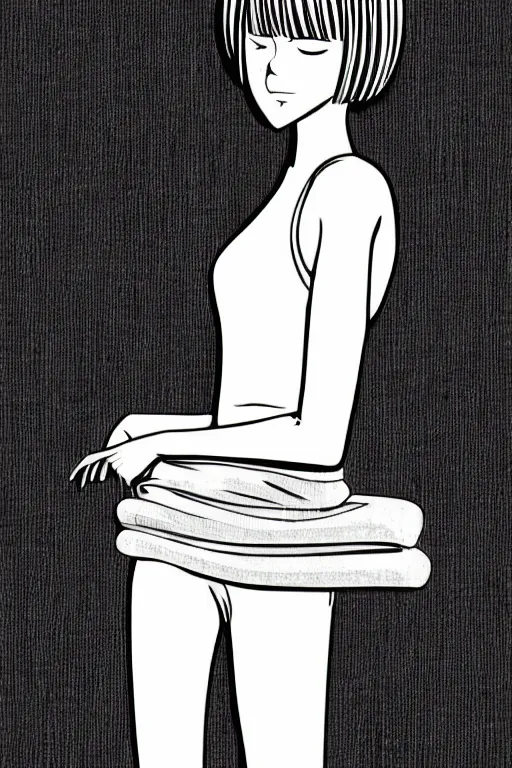 Image similar to portrait of a girl in long pants and a top, hands in pockets, eyes closed, bob haircut, digital art, black and white, minimalistic illustration by junji ito and kaoru mori